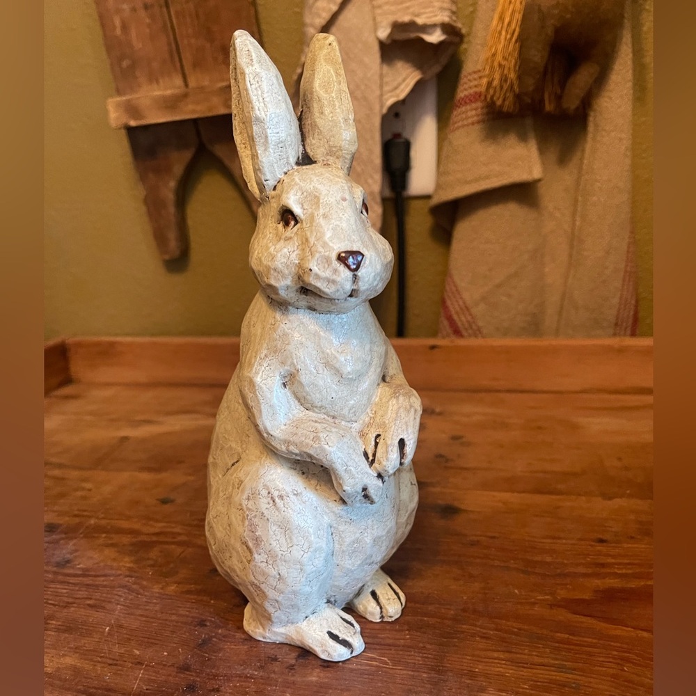 Antiqued white wood carved Rabbit